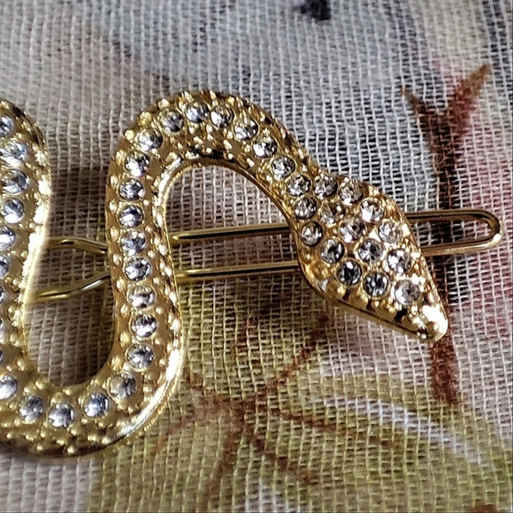 Cobra Snake Serpent Venomous Gold Tone Clear Rhinestone Barrettes Hair Jewelry